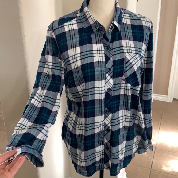 Faded Glory blue plaid flannel button down long sleeve shirt - Picture 4 of 15